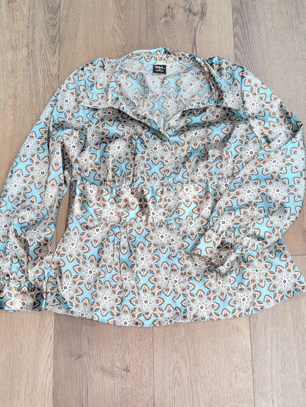 TRIBAL Blue and Brown Geometric Button-Down Blouse